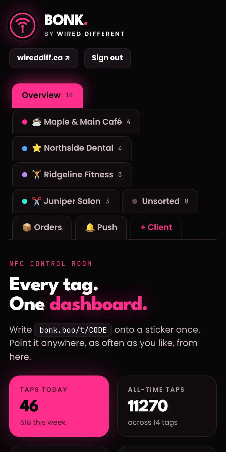 Bonk, a dark dashboard with neon pink accents listing NFC tags and their tap counts.