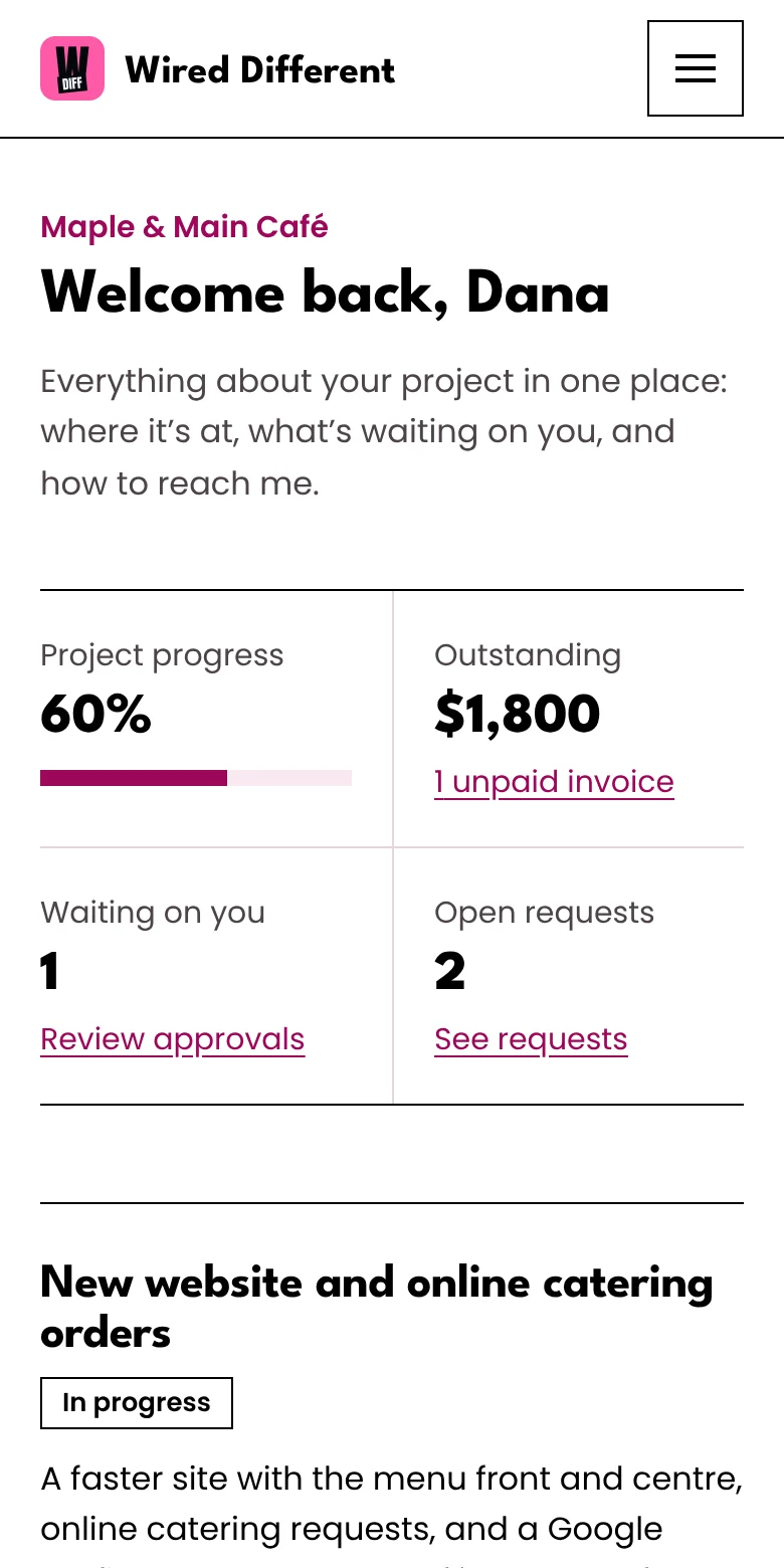 The client portal overview screen.