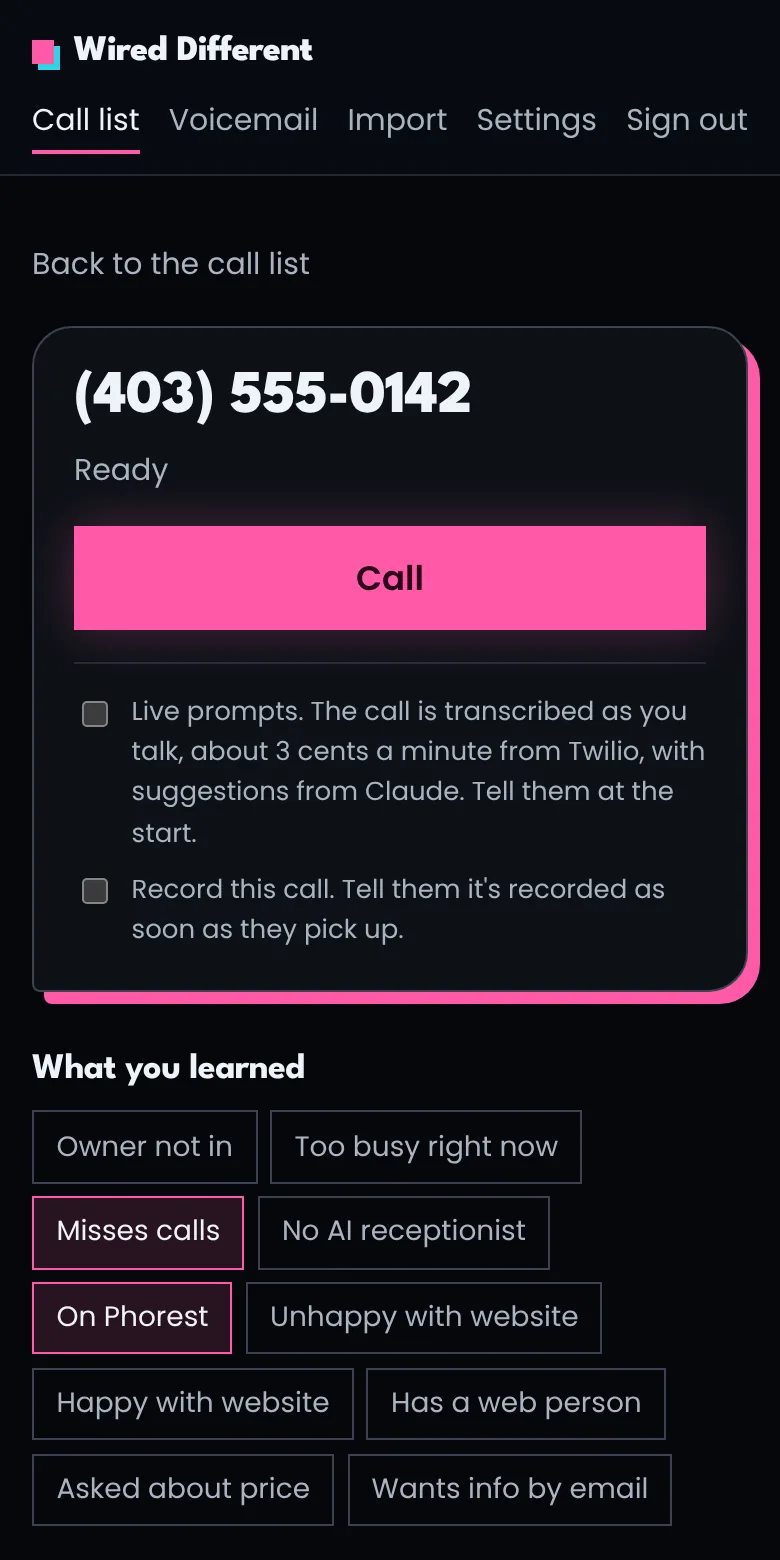 A browser phone app with a call list on the left and a dialer on the right.