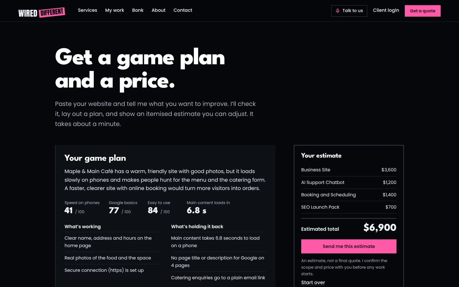 The quote builder, a form that takes a website address and a list of upgrades.