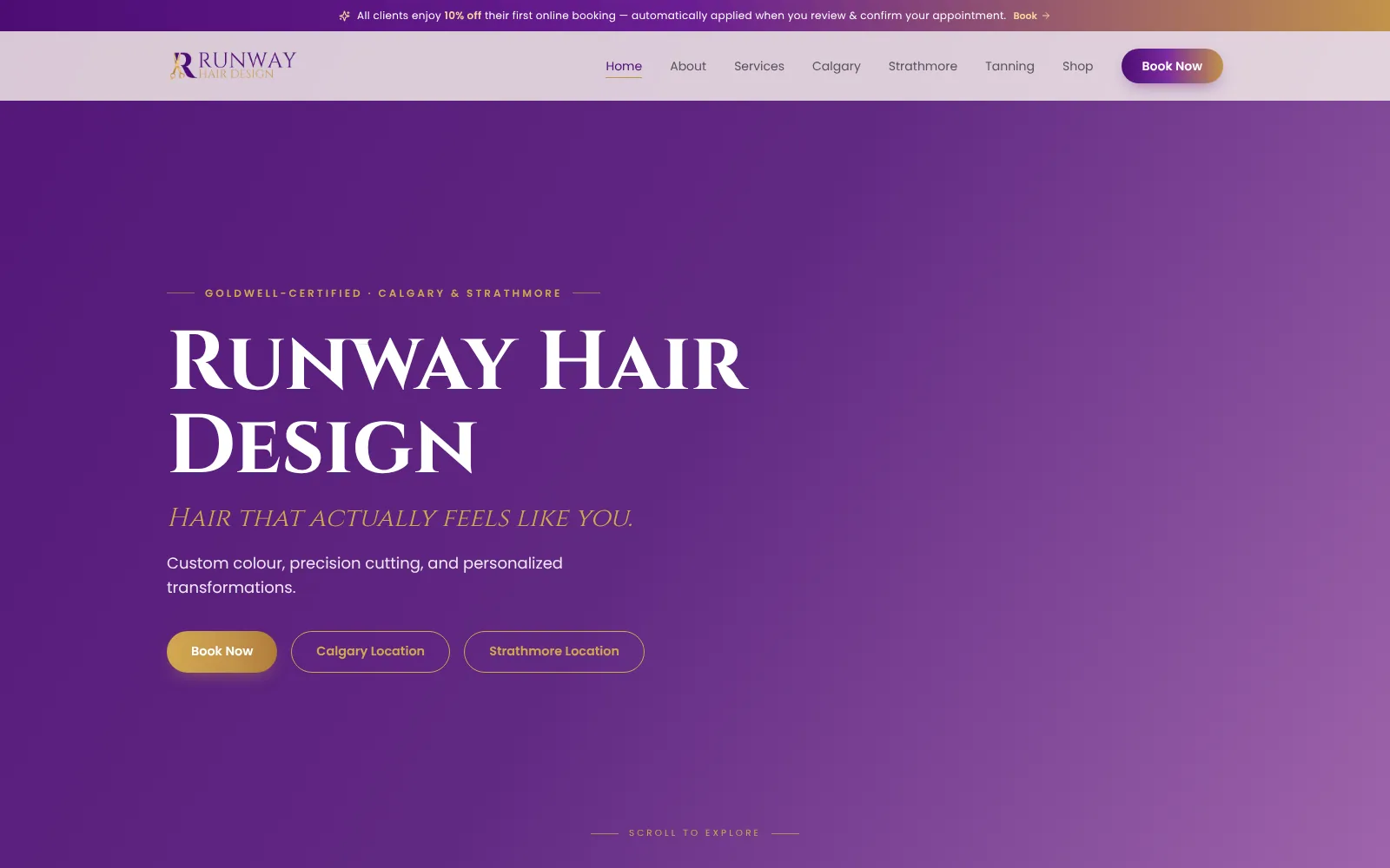 Runway Hair Design home page with a Book Now button over a purple hero.