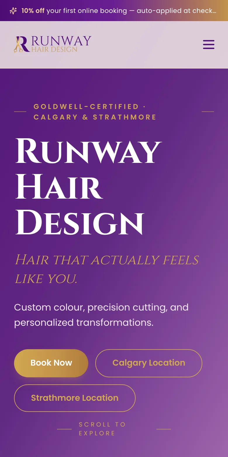 Runway Hair Design home page with a Book Now button over a purple hero.