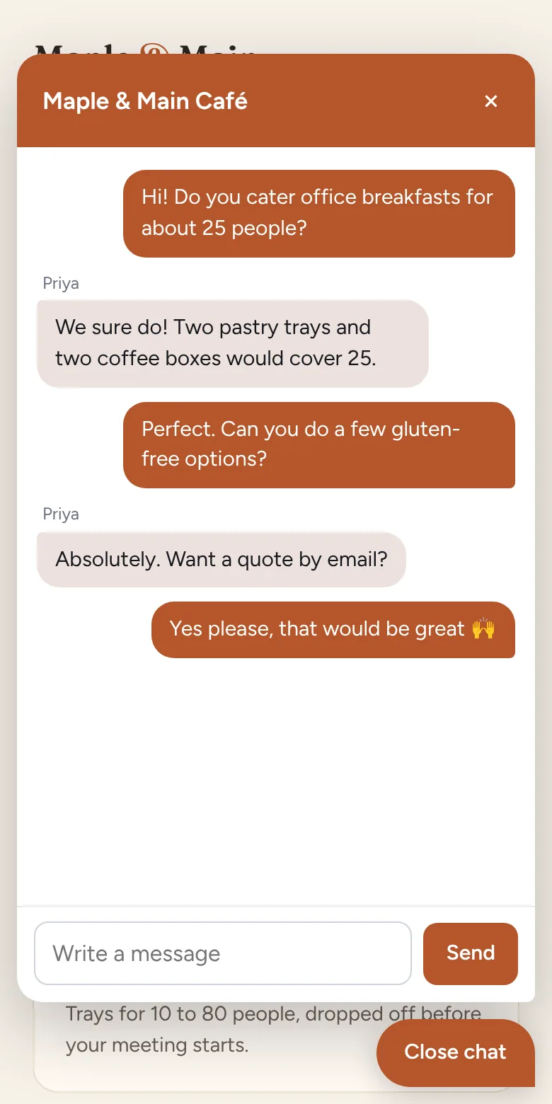 A website with the Spark Chat box open in the corner, showing a short conversation.
