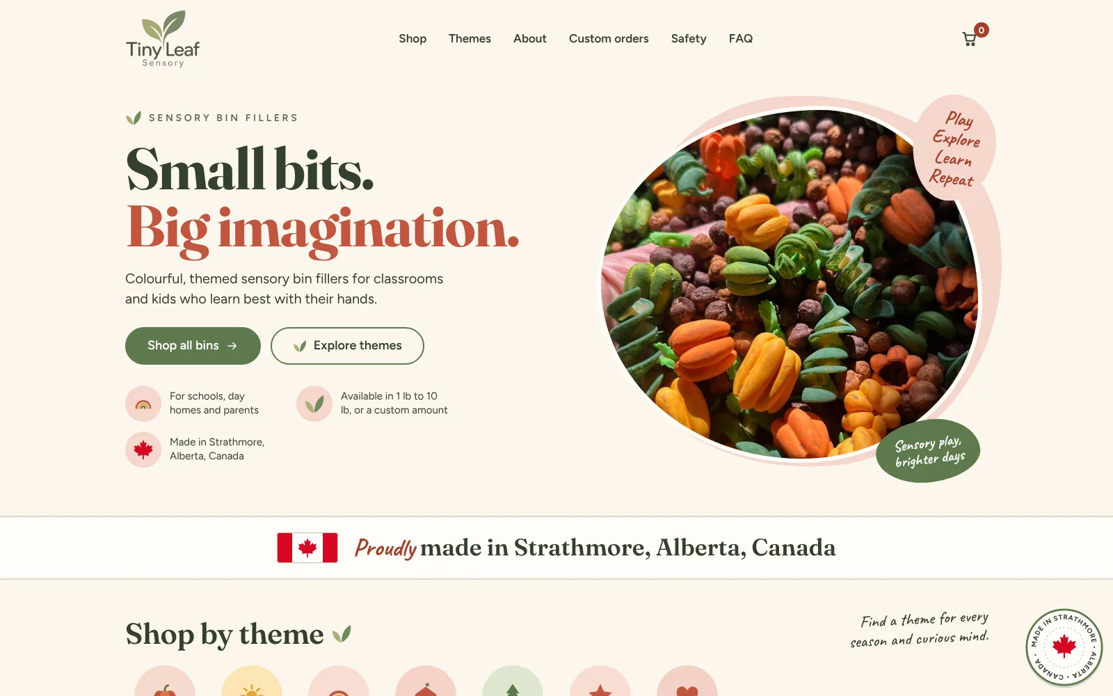 Tiny Leaf Sensory shop home page in cream and sage green with photos of sensory bins.