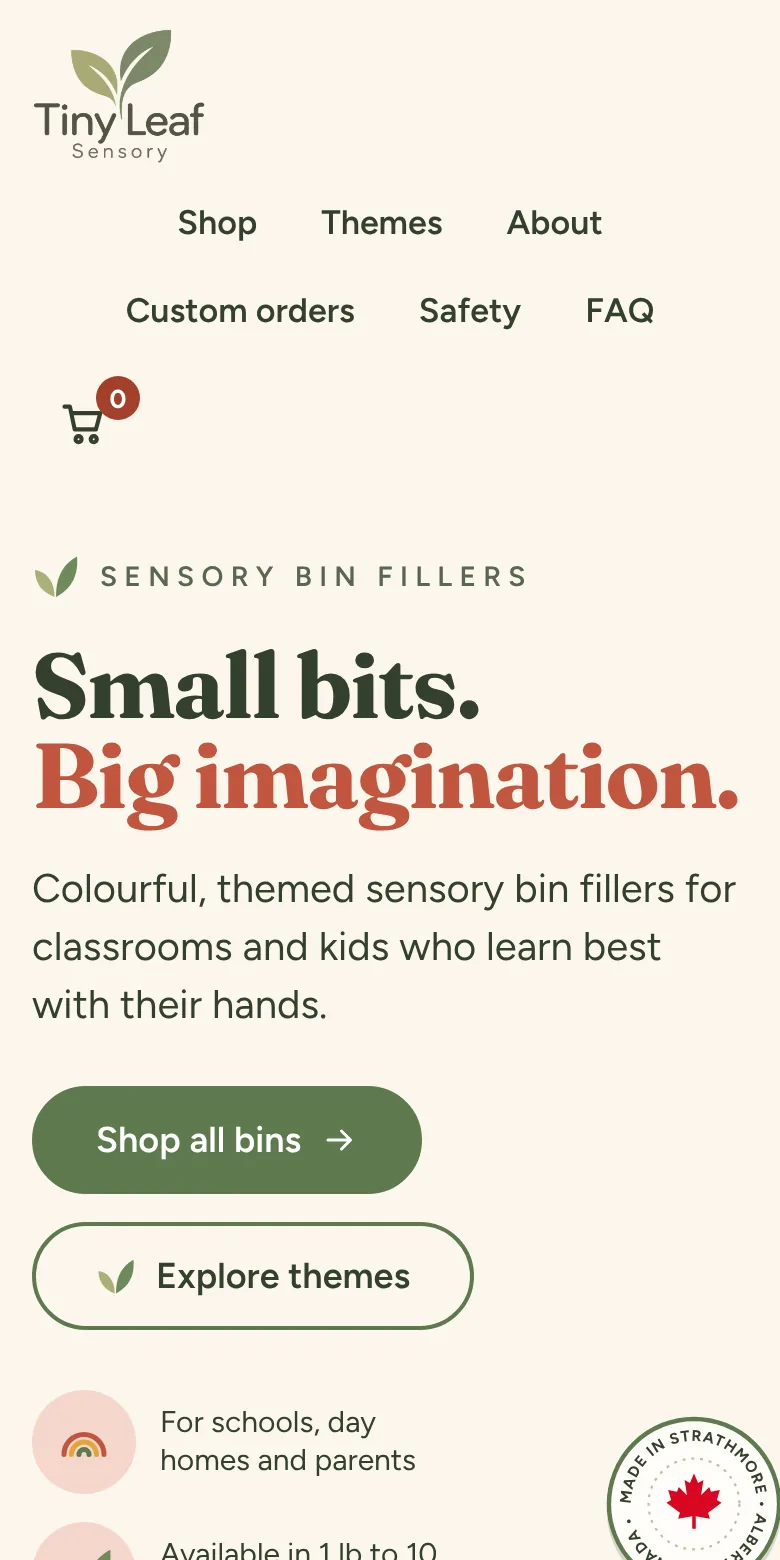Tiny Leaf Sensory shop home page in cream and sage green with photos of sensory bins.